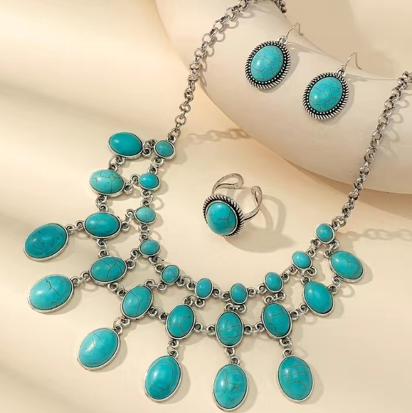 Faux turquoise statement Necklace ring and earri… - Picture 3 of 3